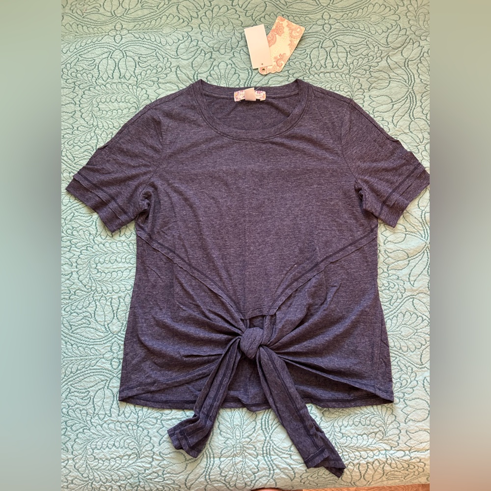 B.O.G. Chic Navy Tie-Front Cropish Top with Tie Detail